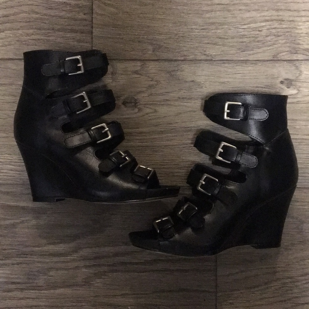 Caged strappy ankle strap bootie wedge heel sandal